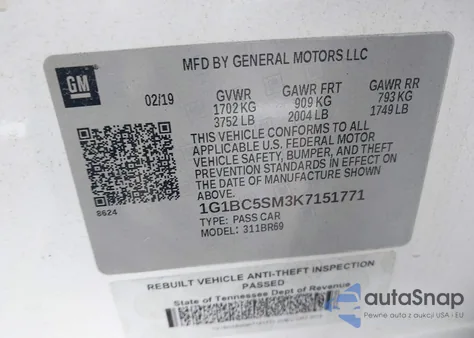 2019 Chevrolet Cruze Ls from USA, damaged, VIN 1G1BC5SM3K7151771